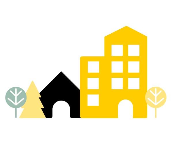 Icon in Post-gelb, welches unterschiedlich große Firmengebäude abbildet